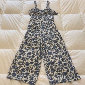 Loft White and Blue Trellis Garden Ruffle Jumpsuit